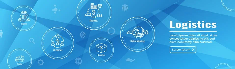 Logistics icon set and web header banner with buildings, trucking, people and Stock Illustration