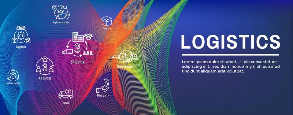 Logistics icon set and web header banner with buildings, trucking, people and Stock Illustration