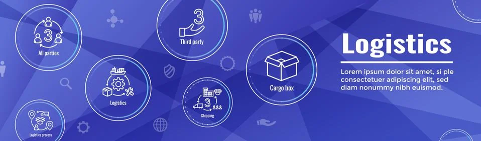 Logistics icon set and web header banner with buildings, trucking, people and Stock Illustration