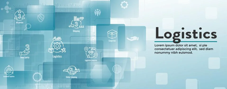 Logistics icon set and web header banner with buildings, trucking, people and Stock Illustration