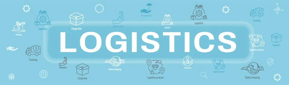 Logistics icon set and web header banner with buildings, trucking, people and Stock Illustration