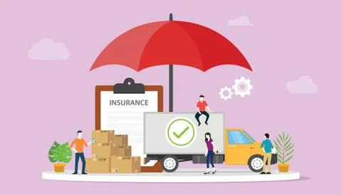 Logistics insurance with some stack cardboard with big umbrella cover and ins Stock Illustration