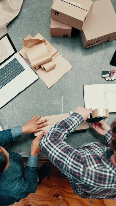 Logistics, laptop screen or team in office with package prep, delivery control Stock Footage 332927238