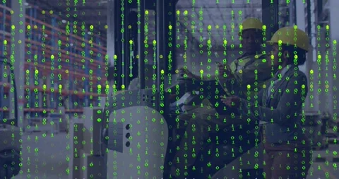 Logistics lead turning tablet and operator aligning mast for rack while green Stock Footage 328396749