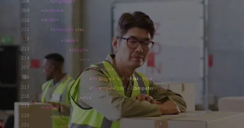 Logistics lead in vest leaning boxes, code overlay appearing, covering subject, Stock Footage 329909672