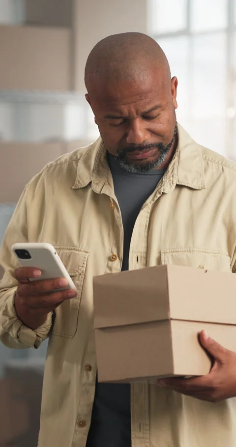 Logistics, man and package in office with phone, website or typing delivery Stock Footage 347319927
