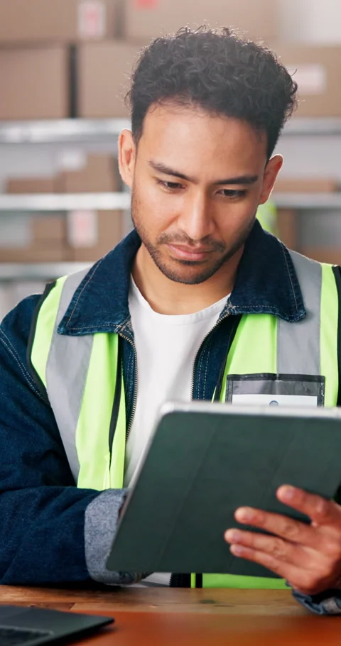 Logistics, man and tablet in warehouse with laptop, track delivery status or Stock Footage 343160878