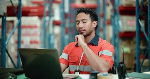 Logistics, man and thinking in warehouse with laptop for problem solving, Stock Footage 326094061