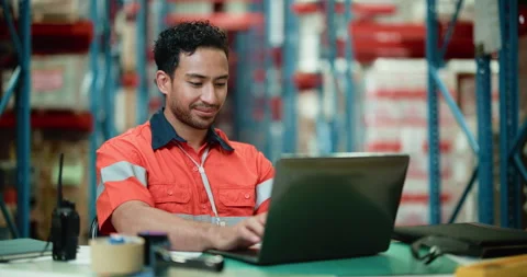 Logistics, man and typing in warehouse with laptop for dispatch, shipping and Video stock 326093759