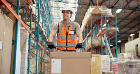 Logistics, man or walking with trolley in warehouse to transport boxes, stock Stock Footage 318506098