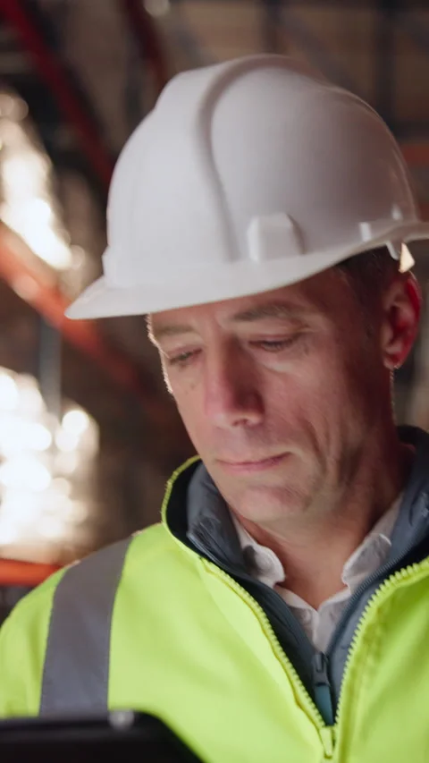 Logistics, man or warehouse inspection on tech to manage inventory, verify Stock Footage 335864514