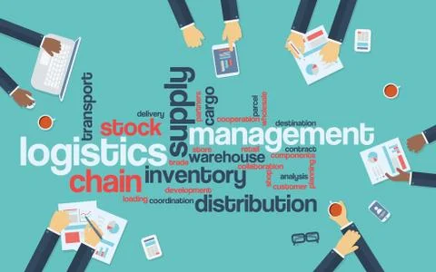 Logistics management business vector background with wordcloud and businessmen Stock Illustration
