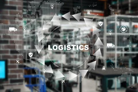 Logistics management process in a warehouse with digital elements overlaid Stock Photos