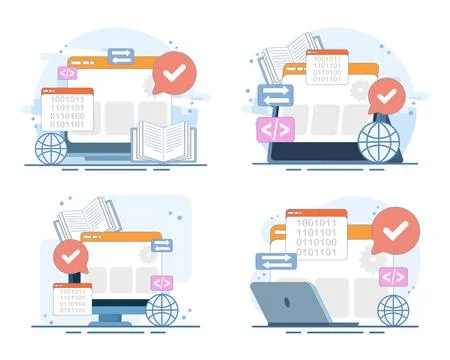 Logistics management set, digital supply chain solutions, coding software. Stock Illustration