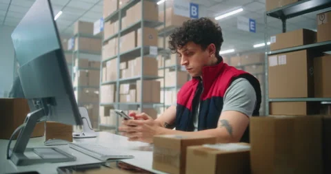 Logistics manager scans small parcels using smartphone, works in warehouse of Stock Footage 307558119