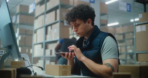 Logistics manager scans small parcels using smartphone, works in warehouse of Stock Footage 307581051