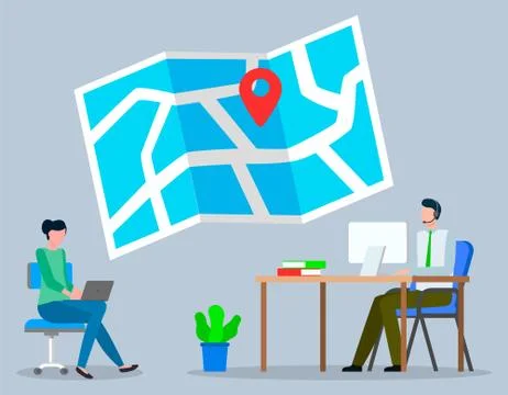 Logistics, map with navigation symbol, operator man with headset in call center Stock Illustration