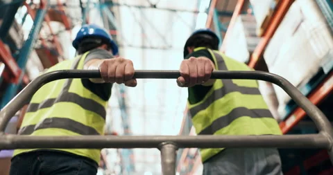 Logistics, men and hands with cart in warehouse for transport, backlog control Stock Footage 323997683