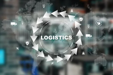 Logistics network with arrows and icons showing global distribution and supply Stock Photos