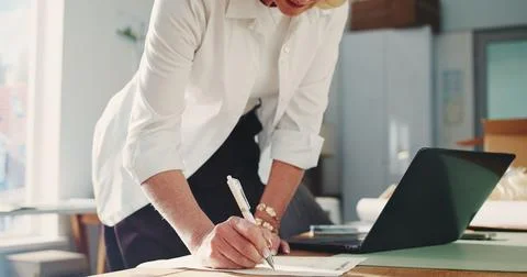 Logistics, notes or hands in office with paper, parcel track or inventory m.. Stock Photos