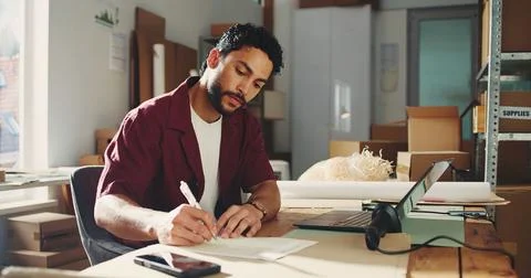 Logistics, notes or man in office with paper, parcel track or inventory man.. Stock Photos