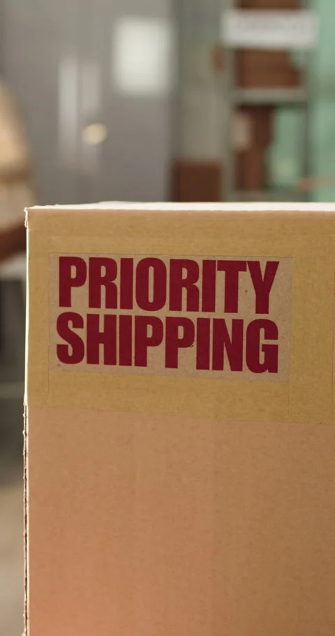 Logistics, package and priority shipping label in office, parcel distribution Vidéo 333336937