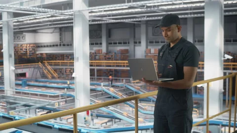 Logistics Packages Sorting Warehouse Worker with Laptop Stock Footage 251706111