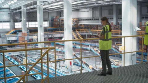 Logistics Packages Sorting Warehouse Worker uses laptop Stock Footage 251706949