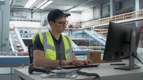 Logistics Packages Sorting Warehouse Worker using Computer Stock Footage 251707195