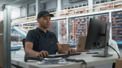 Logistics Packages Sorting Warehouse Worker Computer Stock Footage 251707381