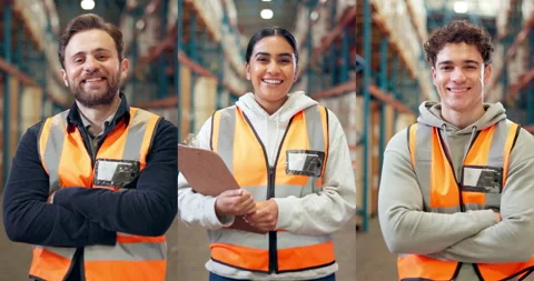 Logistics, people and face at warehouse, collage and arms crossed with pride, Stock Footage 326989397