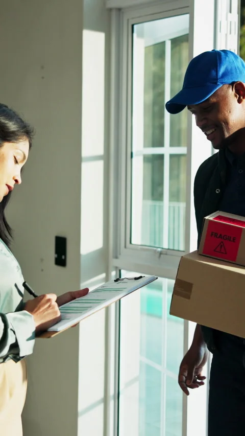 Logistics, people or delivery man at house with signature, box handover or Stock Footage 338111159