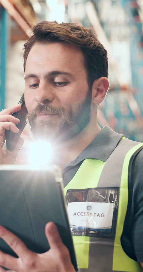 Logistics, phone call or man with tablet in warehouse, shipment coordination or Stock Footage 327706486