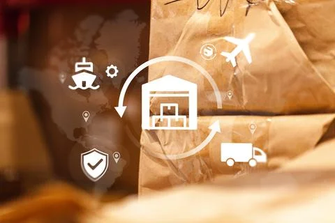 Logistics processes include storage, transport, and tracking in a warehouse Stock Photos