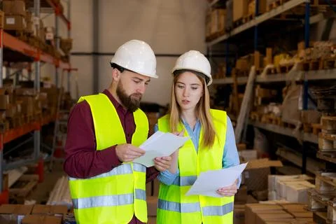 Logistics Professionals Analyzing Multiple Shipping Documents Together 스톡 사진