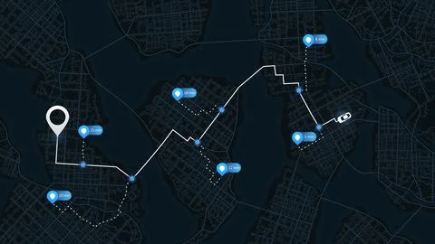 Logistics route map with delivery waypoints and time estimation markers on dark Stock Illustration