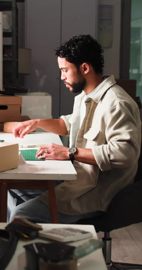 Logistics, scanner and man with box in office, parcel tracking and processing Stock Footage 333344291
