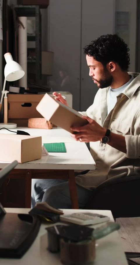 Logistics, scanner and man with package in office, parcel tracking and Vidéo 333330866
