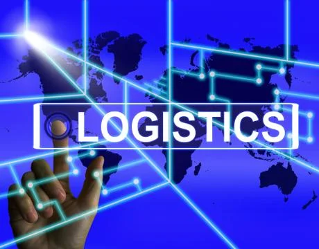 Logistics screen indicates logistical strategies and international plans Illustrazione stock