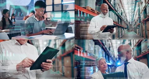 Logistics, series and people with data on tech to track stock turnover, graph Stock Footage 322133571
