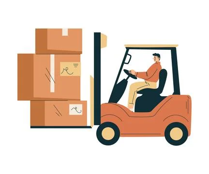 Logistics Service Man Worker Character Drive Forklift Truck Loading Vector Stock Illustration