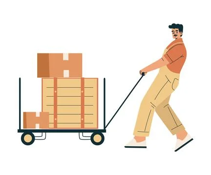 Logistics Service Man Worker Character Pull Trolley with Crate and Carton Stock Illustration