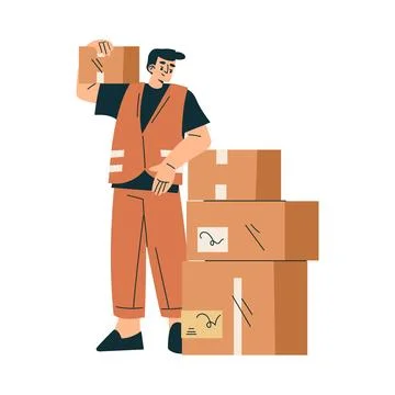 Logistics Service Man Worker Character Hold Carton Container Vector Illustration Stock Illustration