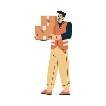Logistics Service Man Worker Character Hold Carton Container Vector Illustration Stock Illustration