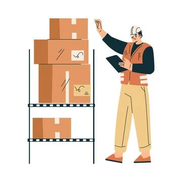 Logistics Service Man Worker Character at Carton Container Stack Vector Stock Illustration