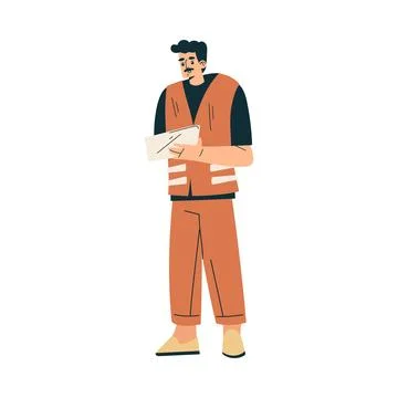 Logistics Service Mustached Man Worker Character with Tablet Vector Illustration Stock Illustration