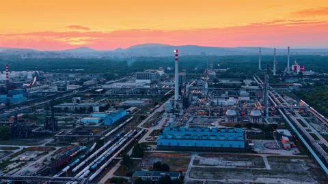 The logistics side of the plant, showcasing a large rail yard with freight cars. Stock Footage 345688056