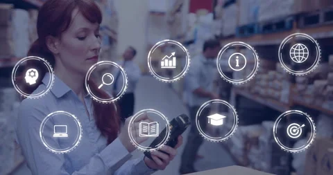 Logistics specialist tapping scanner for inventory tracking and animating data Stock Footage 309721671