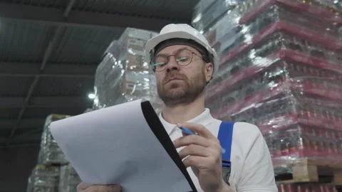 Logistics supervisor ticking off the items from the warehouse checklist Stock Footage 303582950