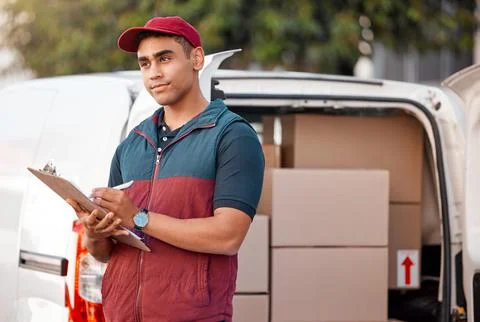 Logistics, supply chain and delivery driver with clipboard or paper outdoor with Stock Photos